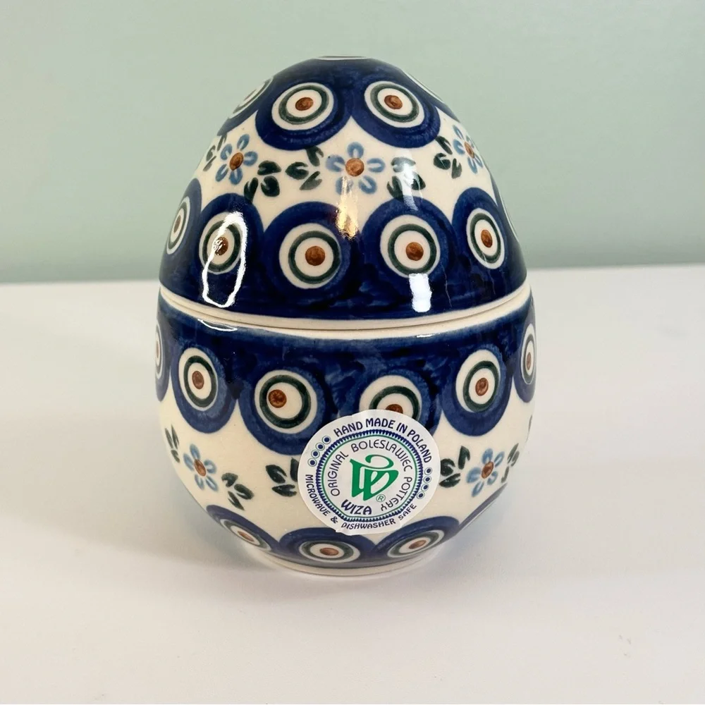 Boleslawiec Polish Pottery Easter Egg Container Candy 5” Handmade White Blue - Picture 1 of 10